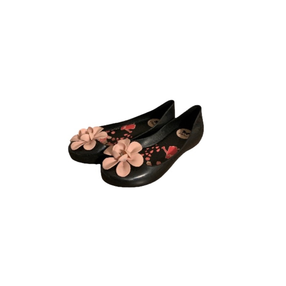 Zaxy Black Jelly Flats with Pink Flowers - Girl’s Size 1